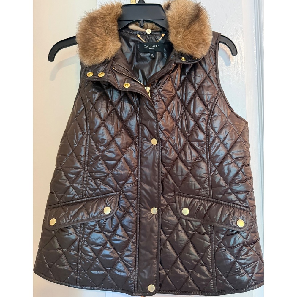 Talbots Petites Brown Quilted Puffer Vest Faux Fur Trim Removable Collar MP